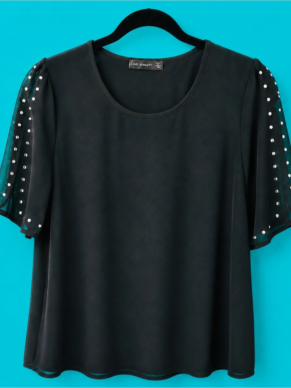 Scarlett Black Blouse with Studded Sheer Sleeves